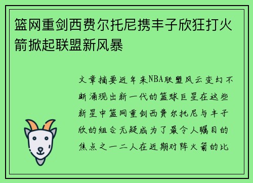 篮网重剑西费尔托尼携丰子欣狂打火箭掀起联盟新风暴